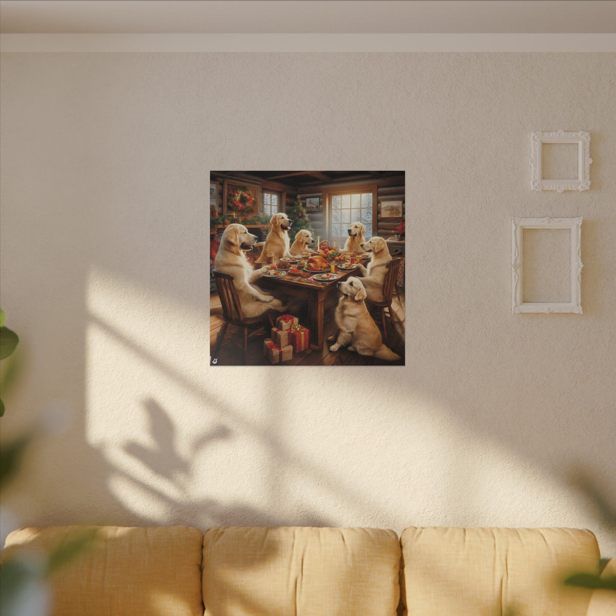 Golden Retrievers at Christmas Dinner Canvas Wrap