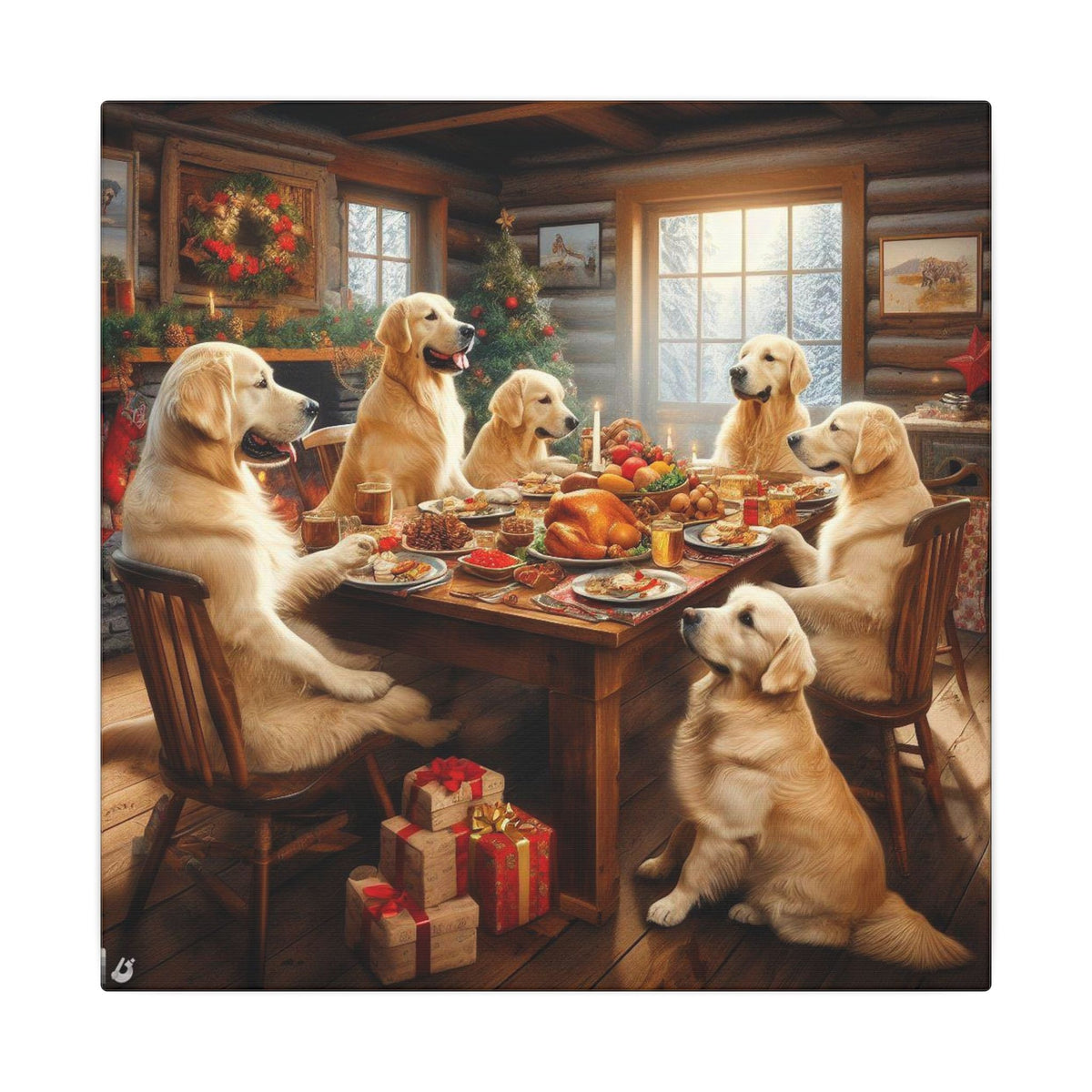 Golden Retrievers at Christmas Dinner Canvas Wrap