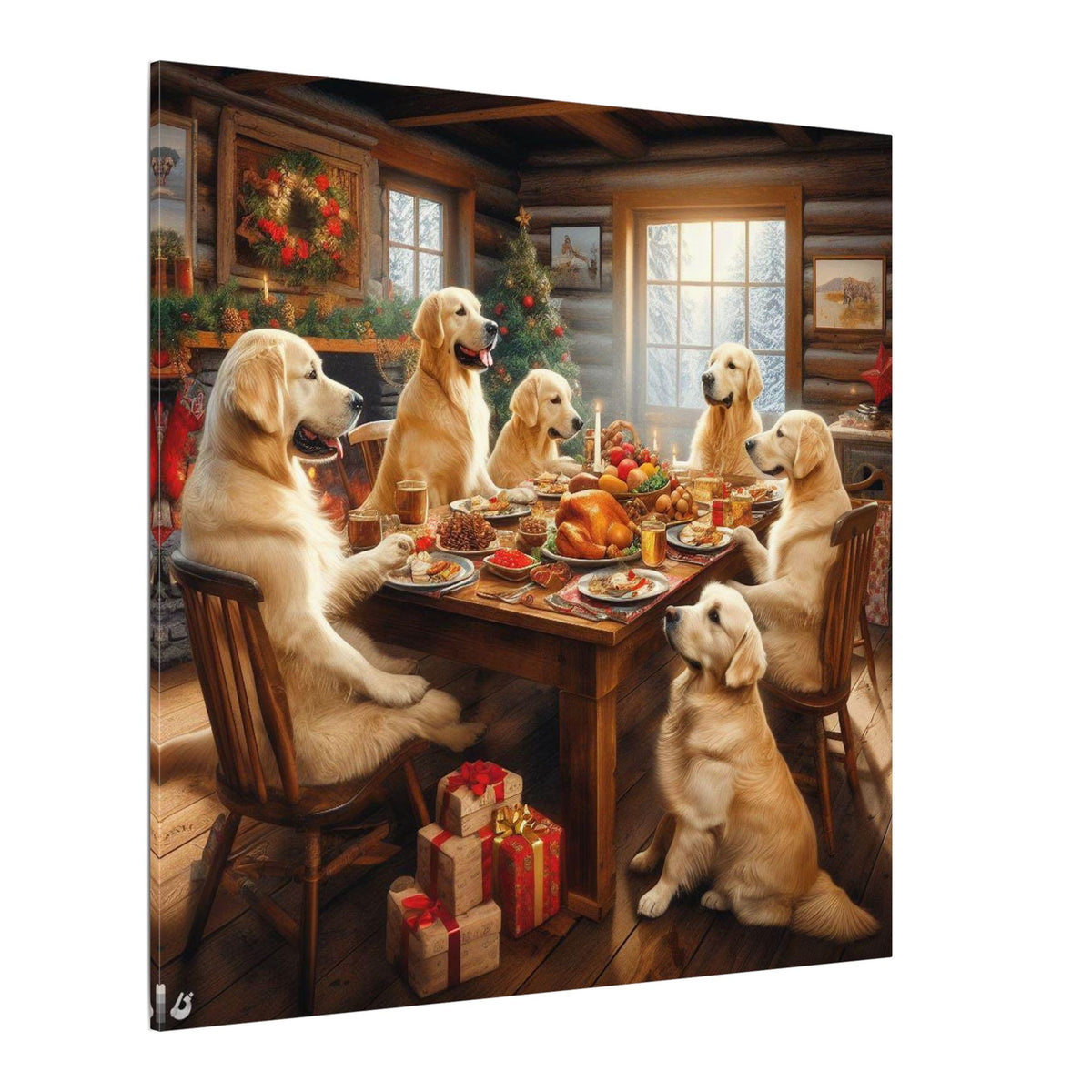 Golden Retrievers at Christmas Dinner Canvas Wrap