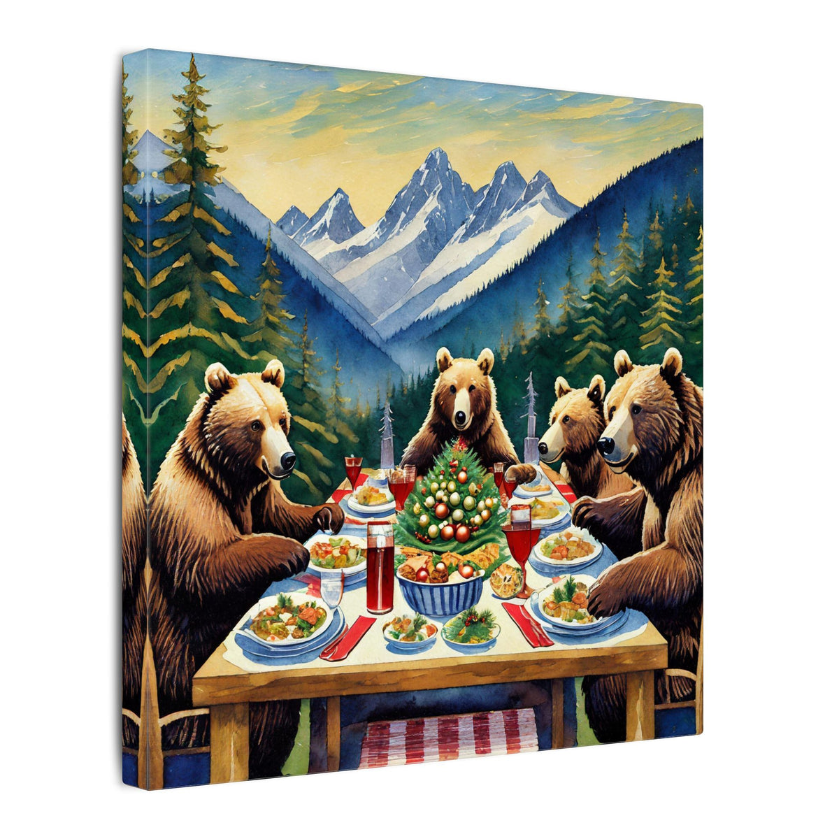 Bear Family Holiday Dinner Matte Canvas Print — Rustic Mountain Wall Art