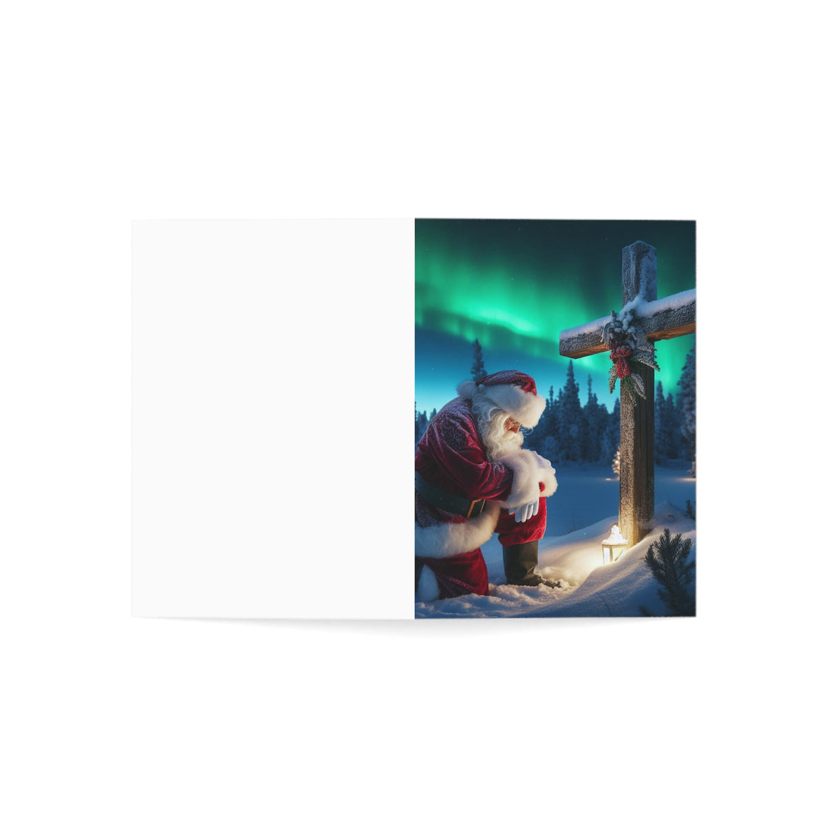 Christmas Santa Kneeling by Wooden Cross Sympathy Greeting Card