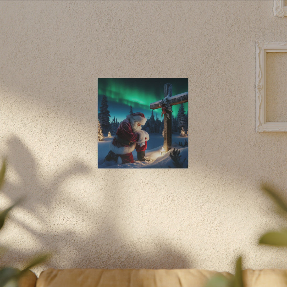 Northern Lights Santa Kneeling by Wooden Cross Canvas Wrap