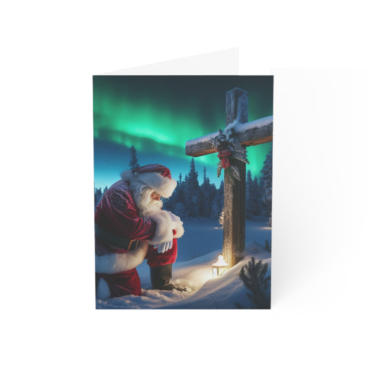 Christmas Santa Kneeling by Wooden Cross Sympathy Greeting Card
