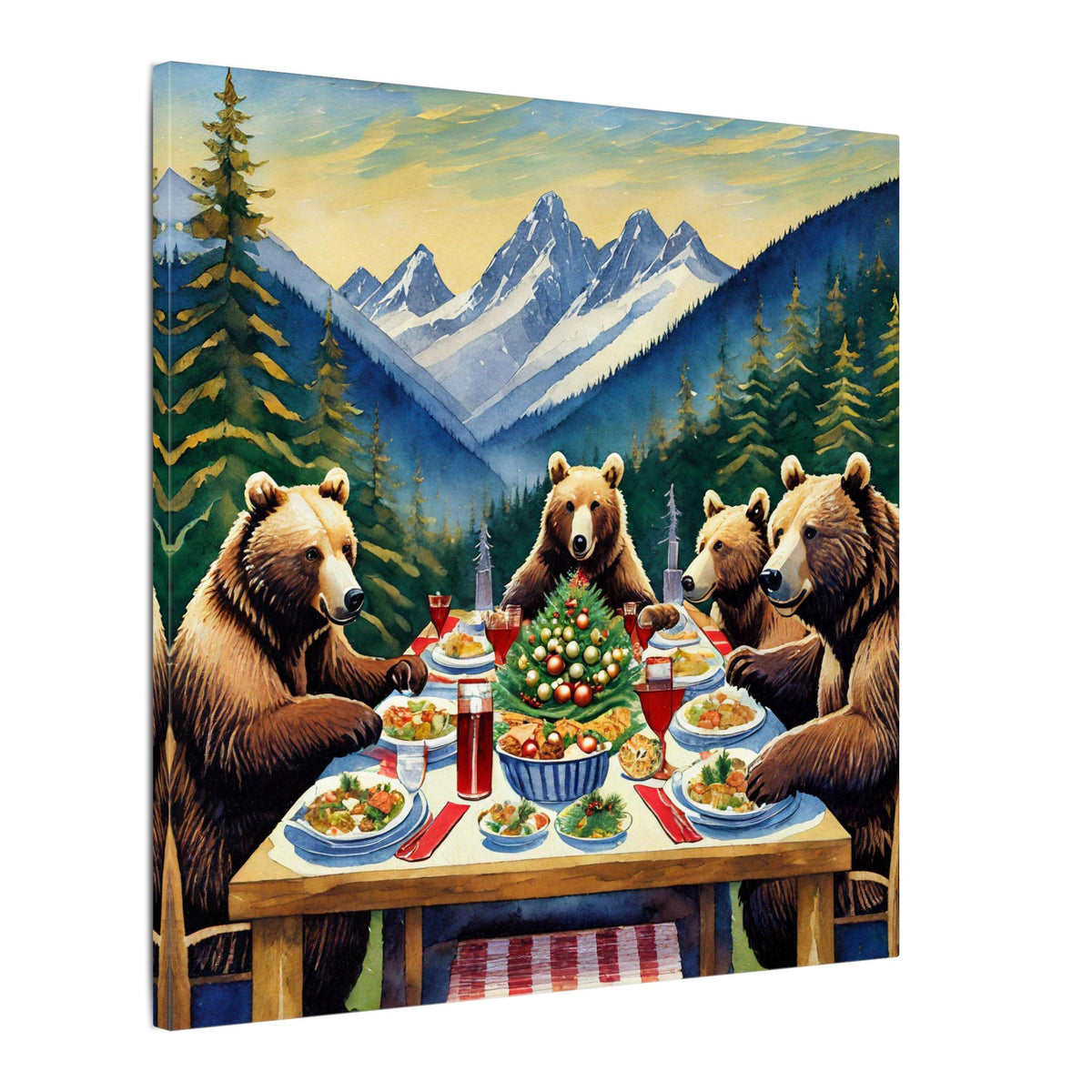 Bear Family Holiday Dinner Matte Canvas Print — Rustic Mountain Wall Art