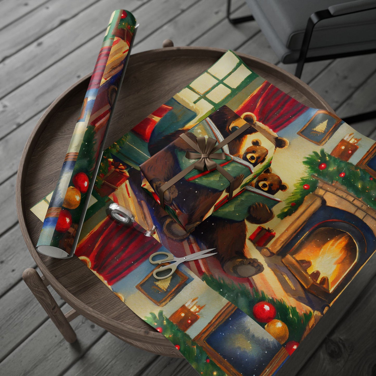 Cozy Bear Reading by Fireplace Christmas Wrapping Paper