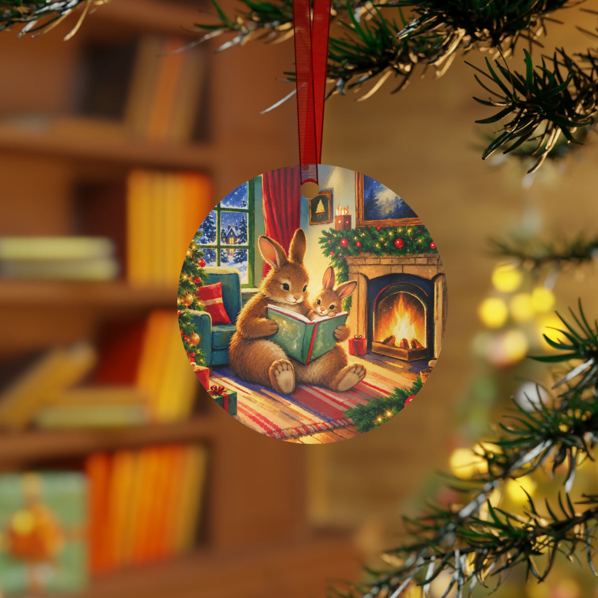 Christmas Bunny Story Time Metal Ornament