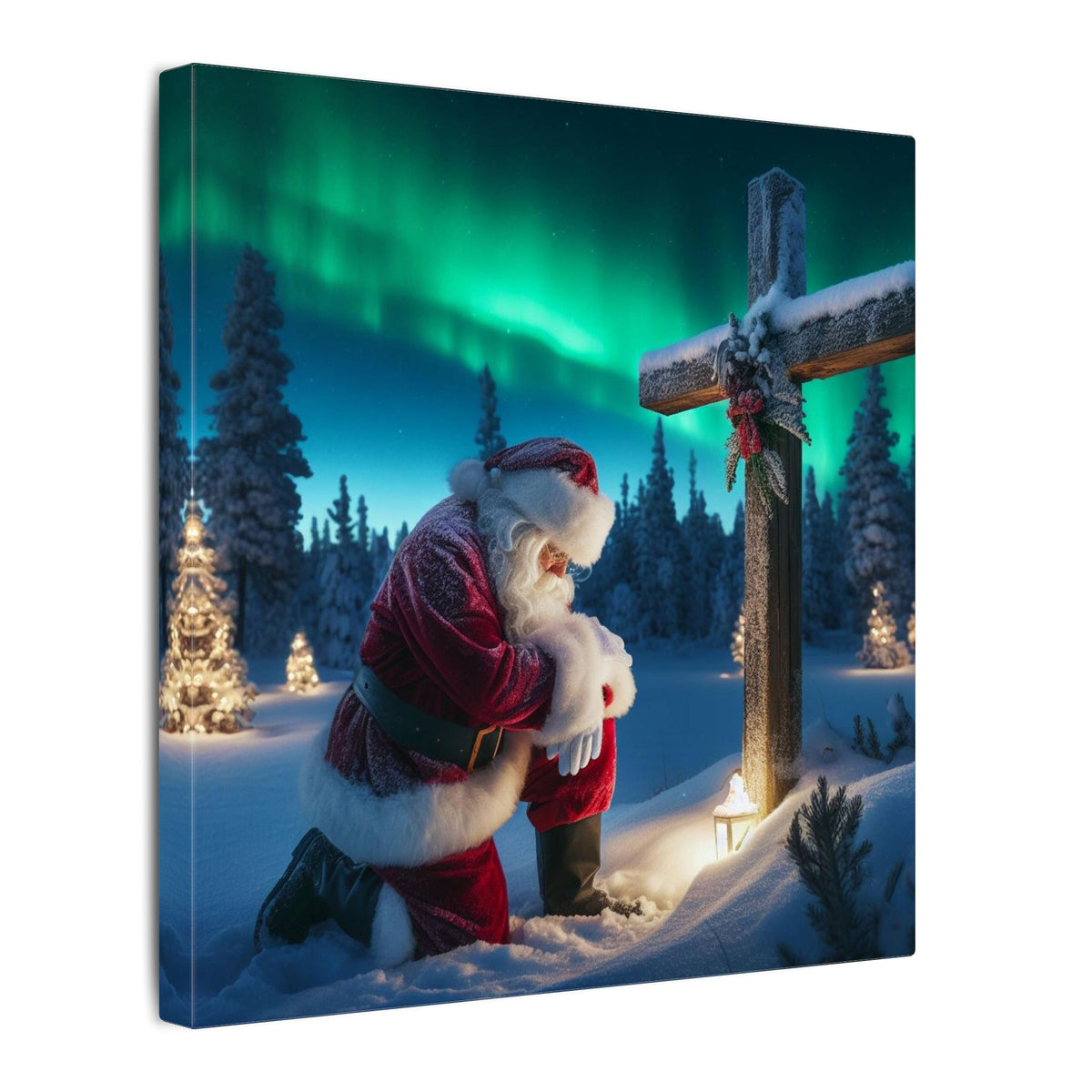Northern Lights Santa Kneeling by Wooden Cross Canvas Wrap
