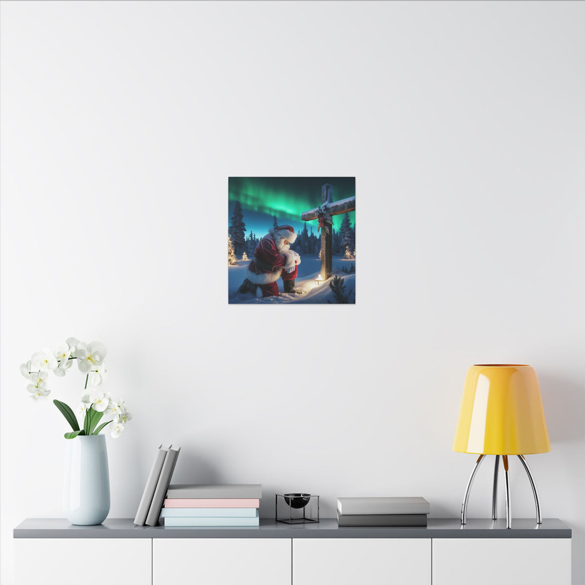 Northern Lights Santa Kneeling by Wooden Cross Canvas Wrap