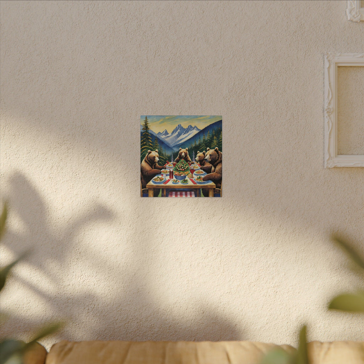 Bear Family Holiday Dinner Matte Canvas Print — Rustic Mountain Wall Art
