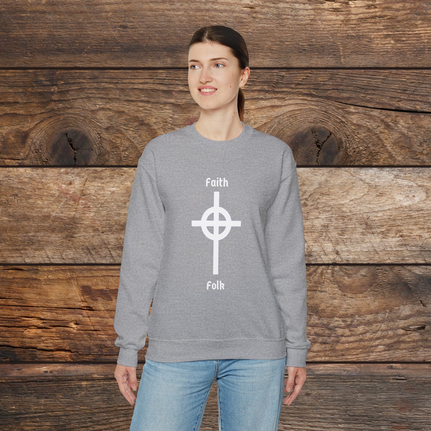 Faith and Folk Long Celtic Cross Large Front Logo Crewneck Sweatshirt