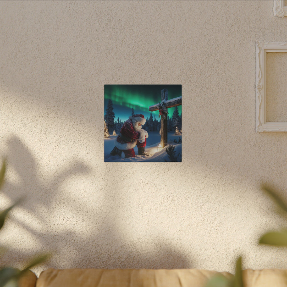 Northern Lights Santa Kneeling by Wooden Cross Canvas Wrap