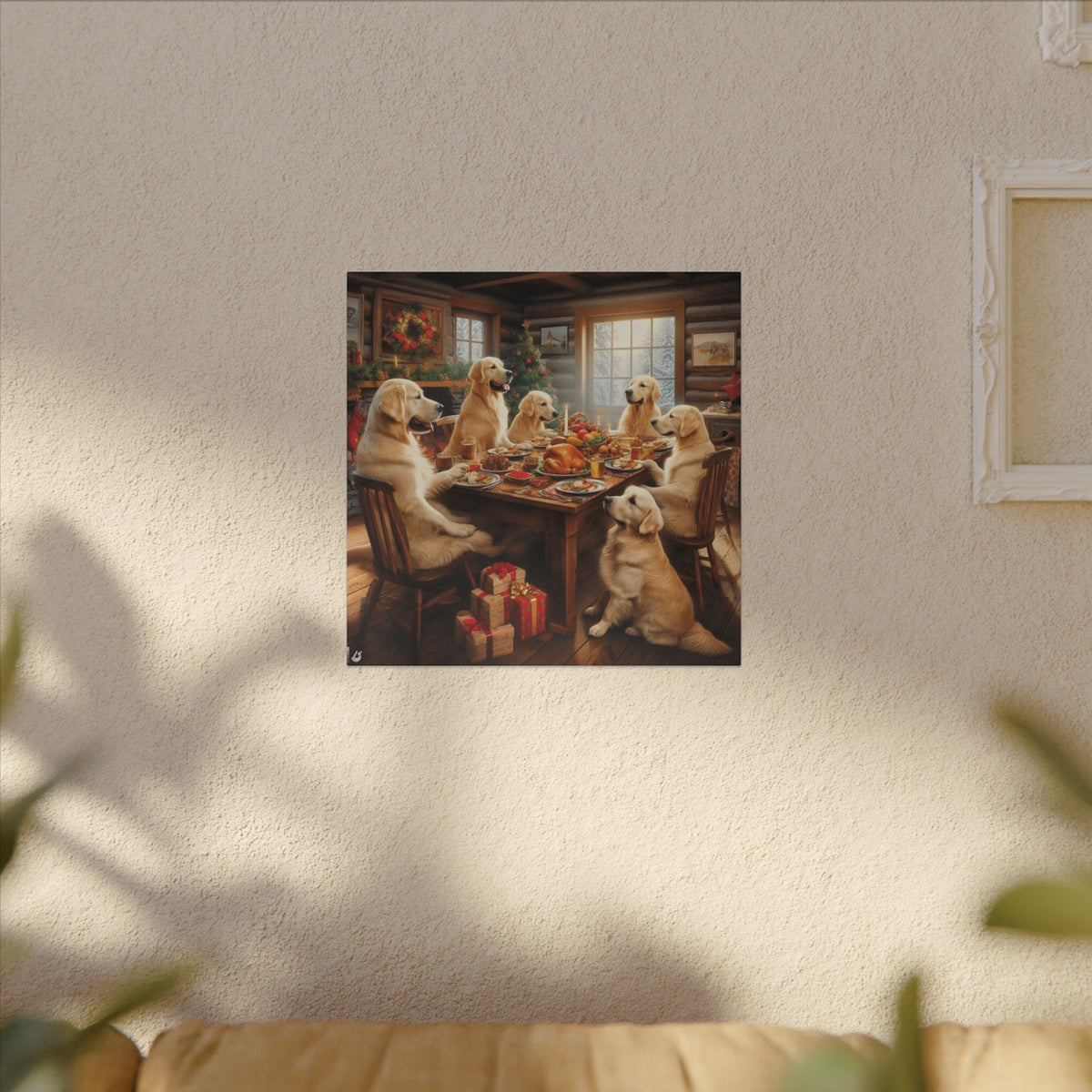 Golden Retrievers at Christmas Dinner Canvas Wrap