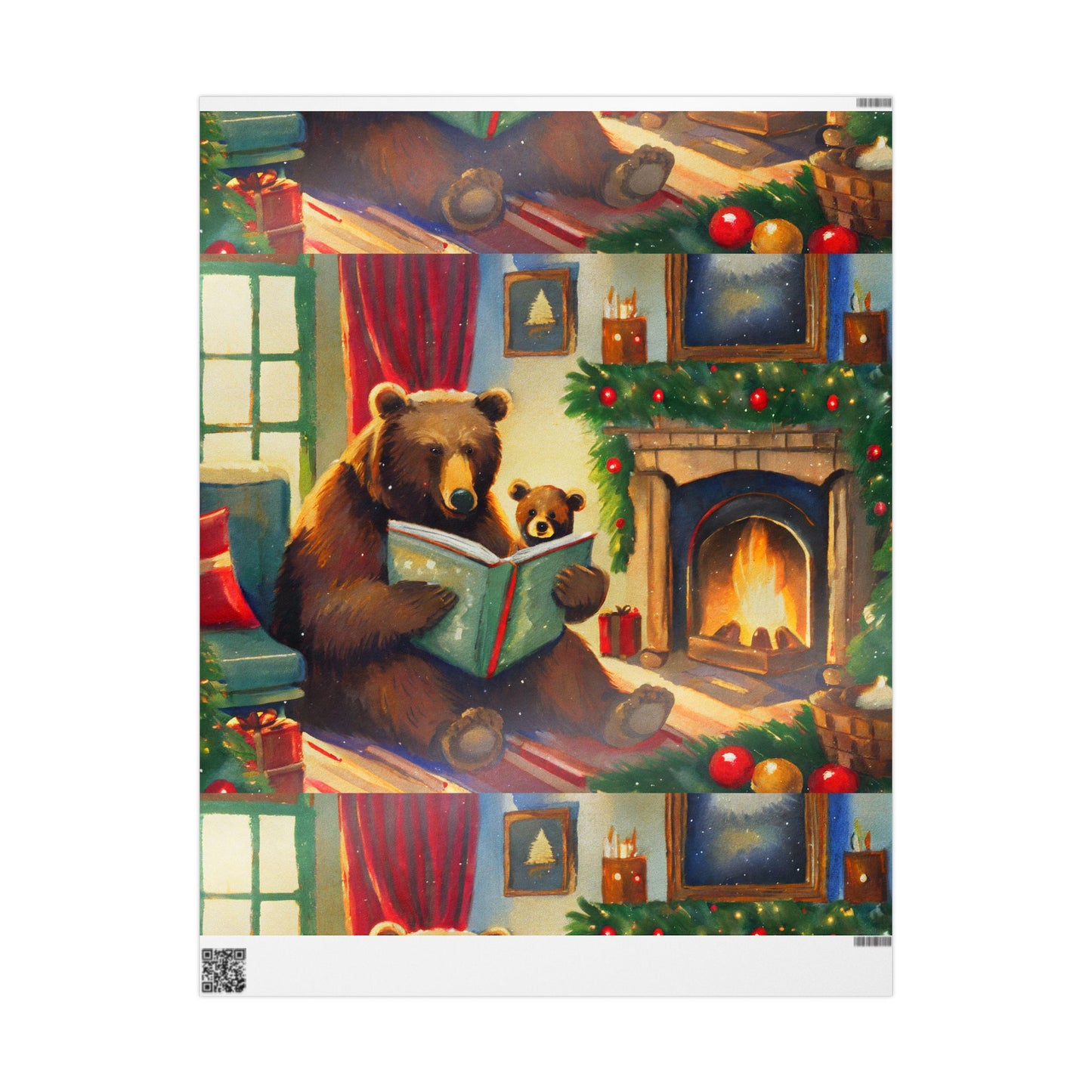 Cozy Bear Reading by Fireplace Christmas Wrapping Paper