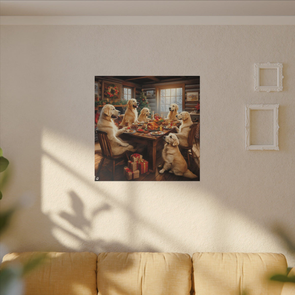 Golden Retrievers at Christmas Dinner Canvas Wrap