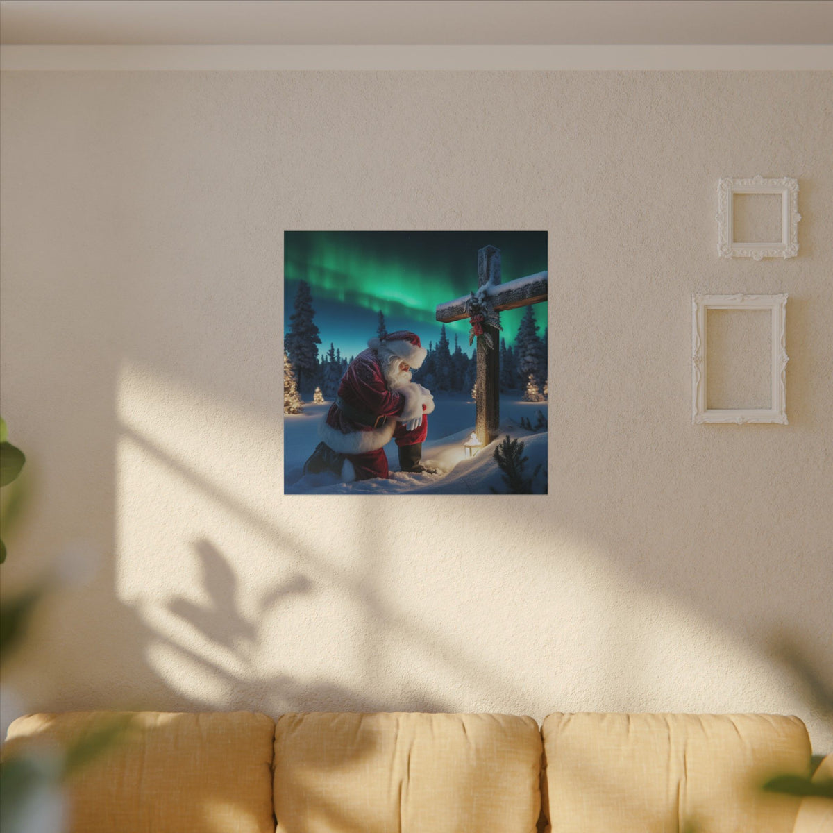 Northern Lights Santa Kneeling by Wooden Cross Canvas Wrap