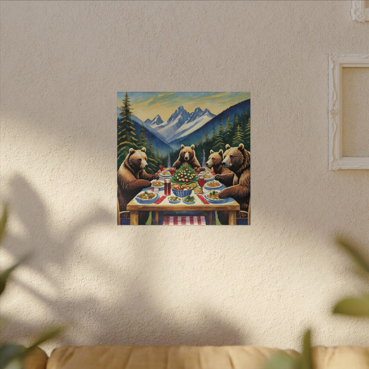 Bear Family Holiday Dinner Matte Canvas Print — Rustic Mountain Wall Art