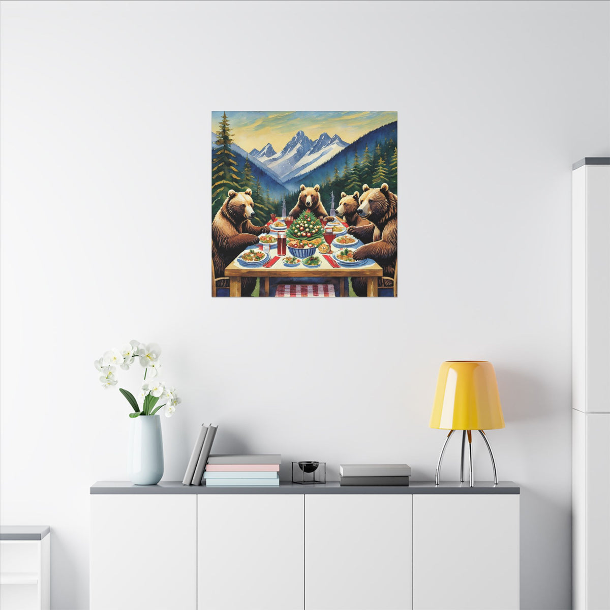 Bear Family Holiday Dinner Matte Canvas Print — Rustic Mountain Wall Art