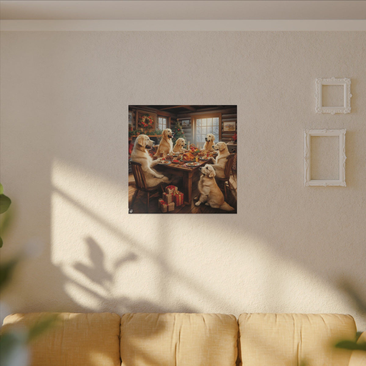 Golden Retrievers at Christmas Dinner Canvas Wrap