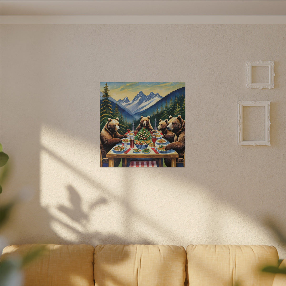 Bear Family Holiday Dinner Matte Canvas Print — Rustic Mountain Wall Art