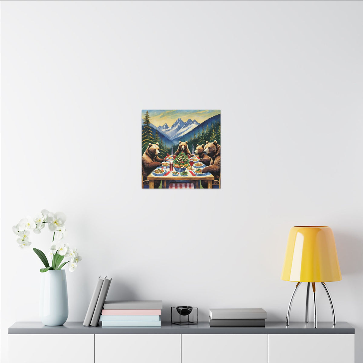 Bear Family Holiday Dinner Matte Canvas Print — Rustic Mountain Wall Art