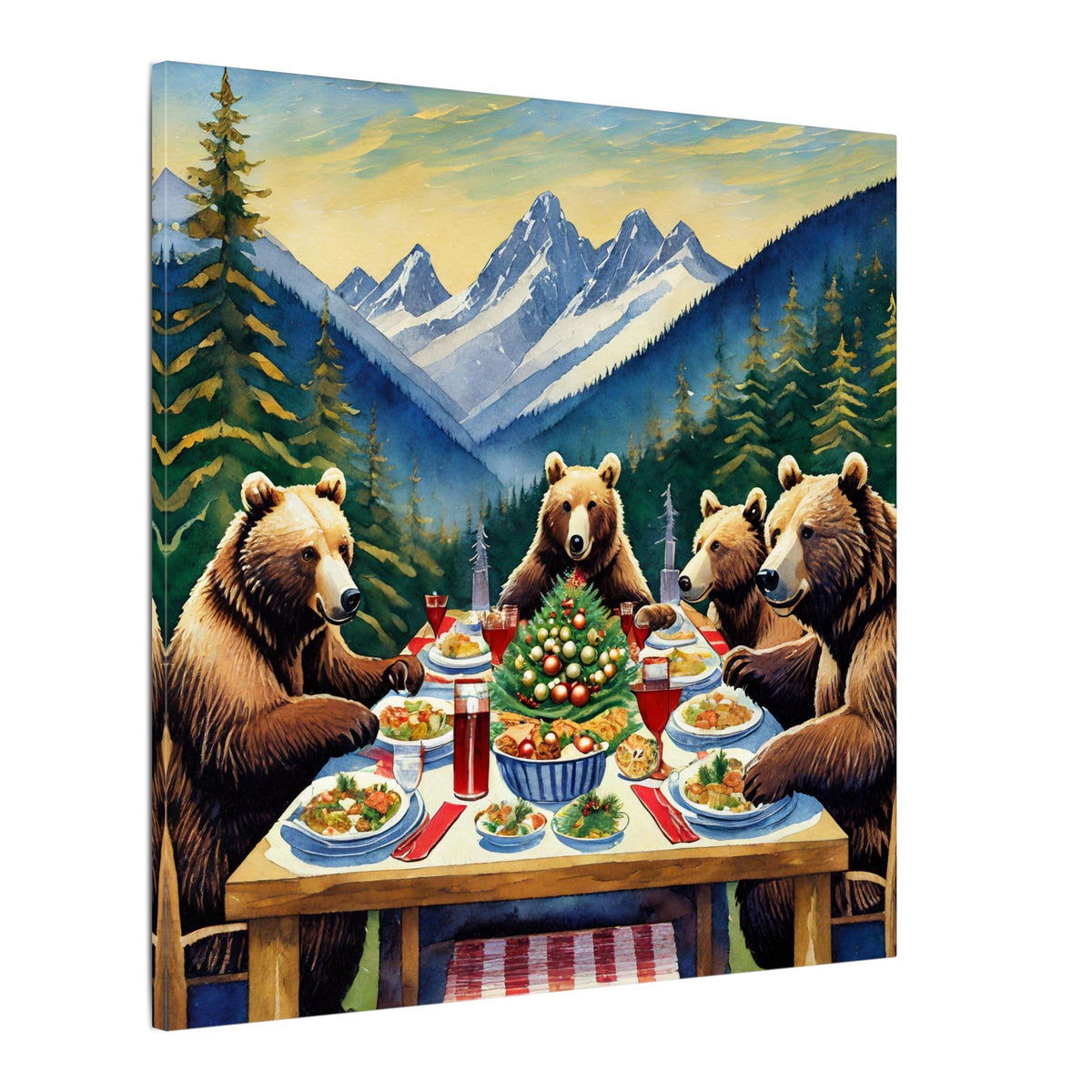 Bear Family Holiday Dinner Matte Canvas Print — Rustic Mountain Wall Art