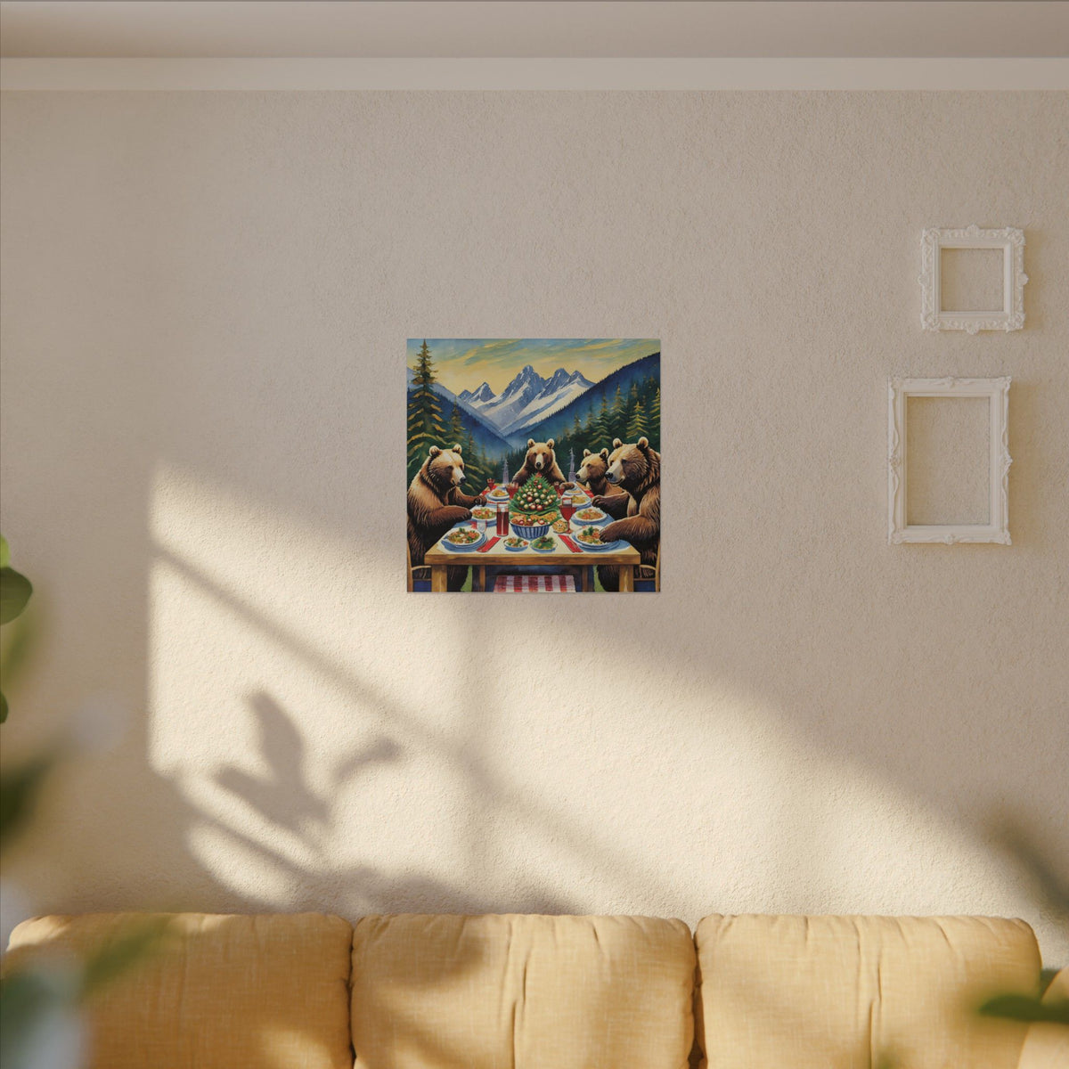Bear Family Holiday Dinner Matte Canvas Print — Rustic Mountain Wall Art