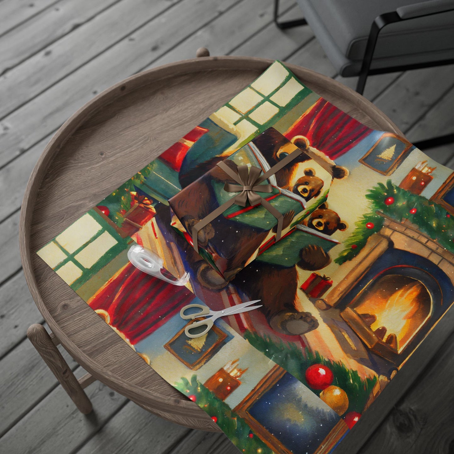 Cozy Bear Reading by Fireplace Christmas Wrapping Paper
