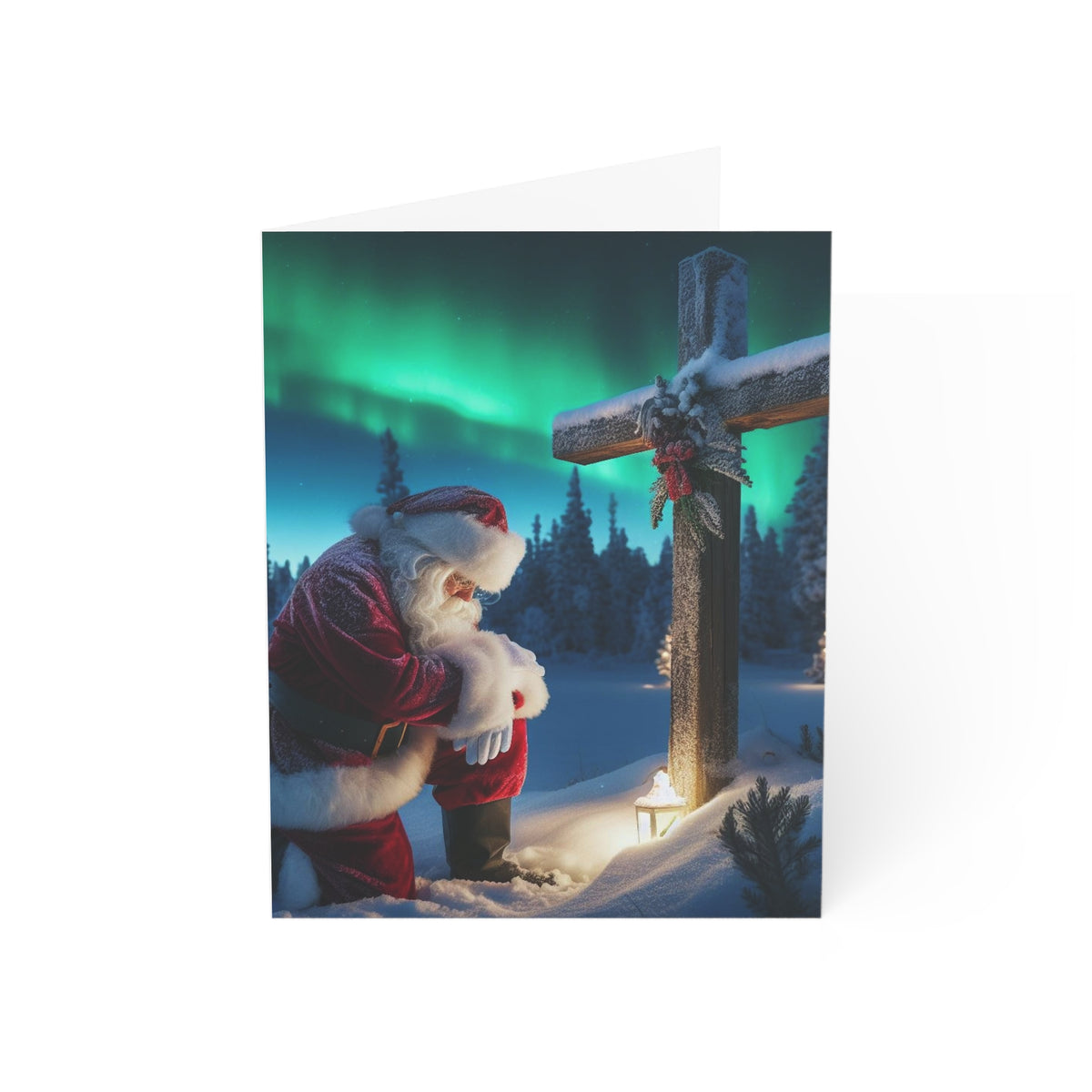 Christmas Santa Kneeling by Wooden Cross Sympathy Greeting Card