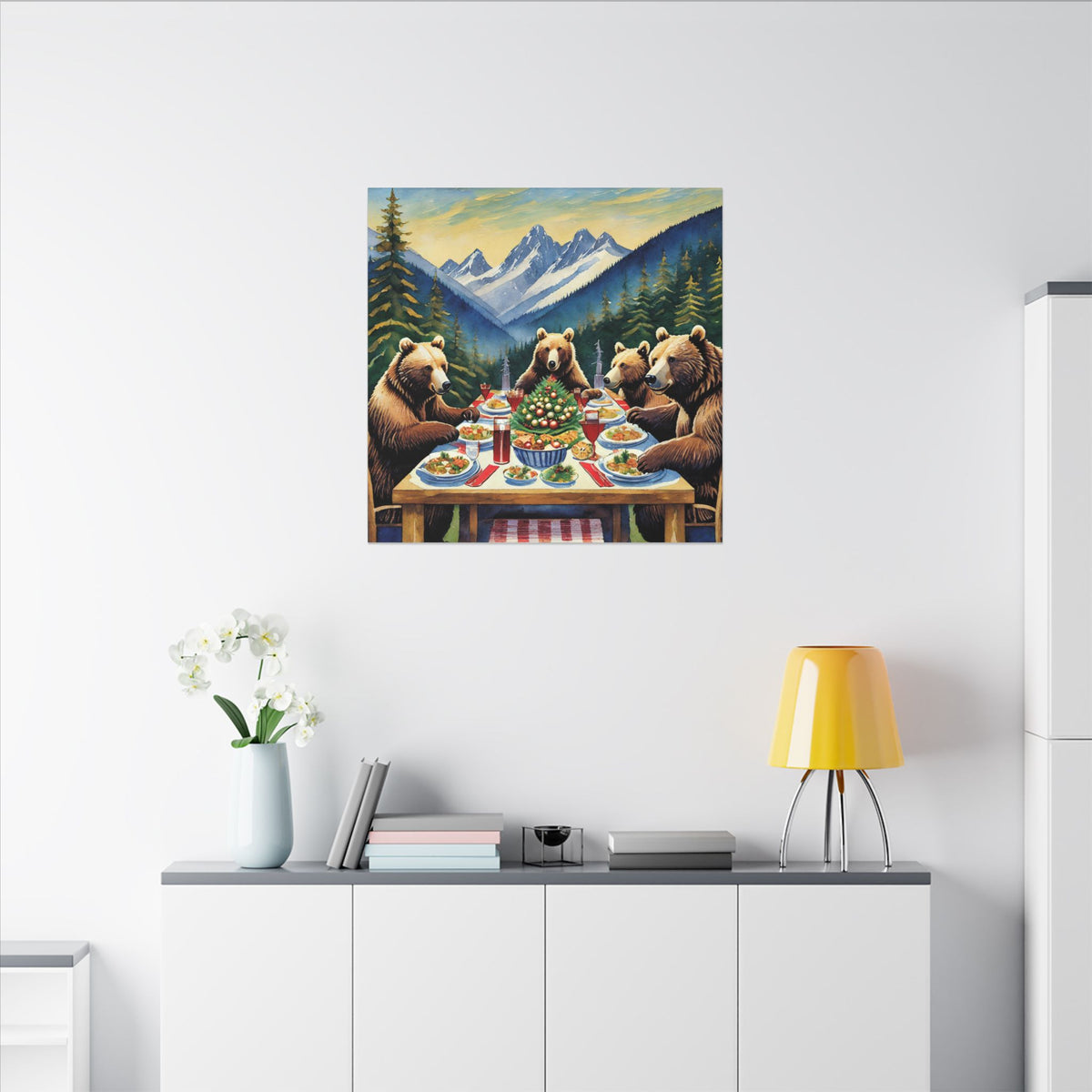 Bear Family Holiday Dinner Matte Canvas Print — Rustic Mountain Wall Art