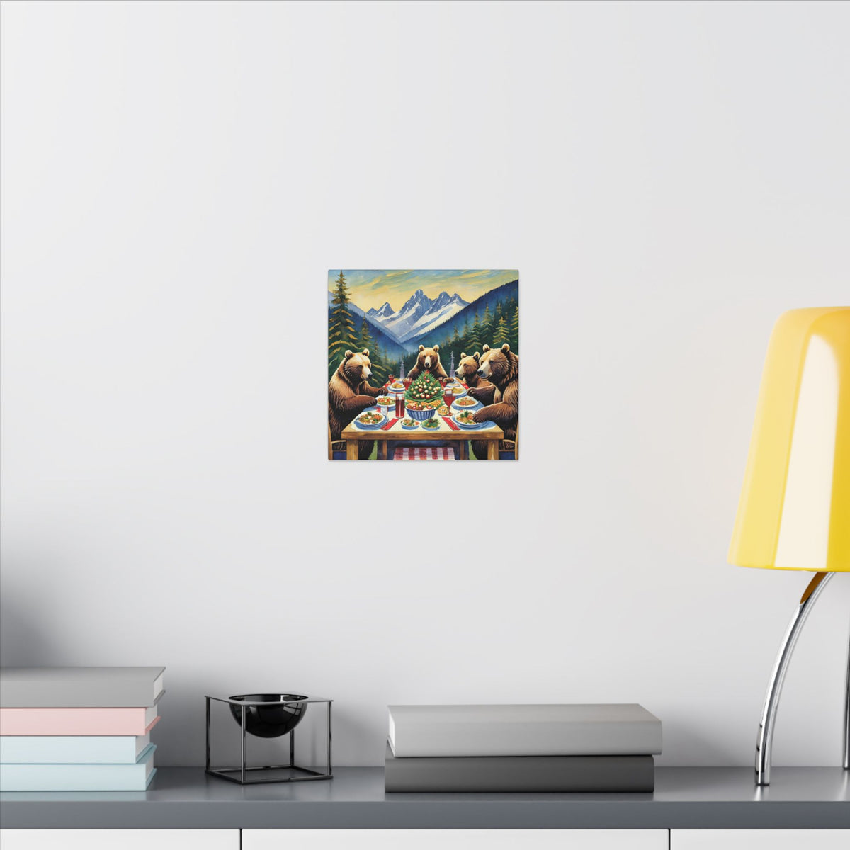 Bear Family Holiday Dinner Matte Canvas Print — Rustic Mountain Wall Art
