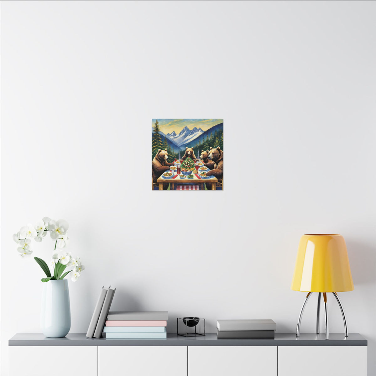 Bear Family Holiday Dinner Matte Canvas Print — Rustic Mountain Wall Art