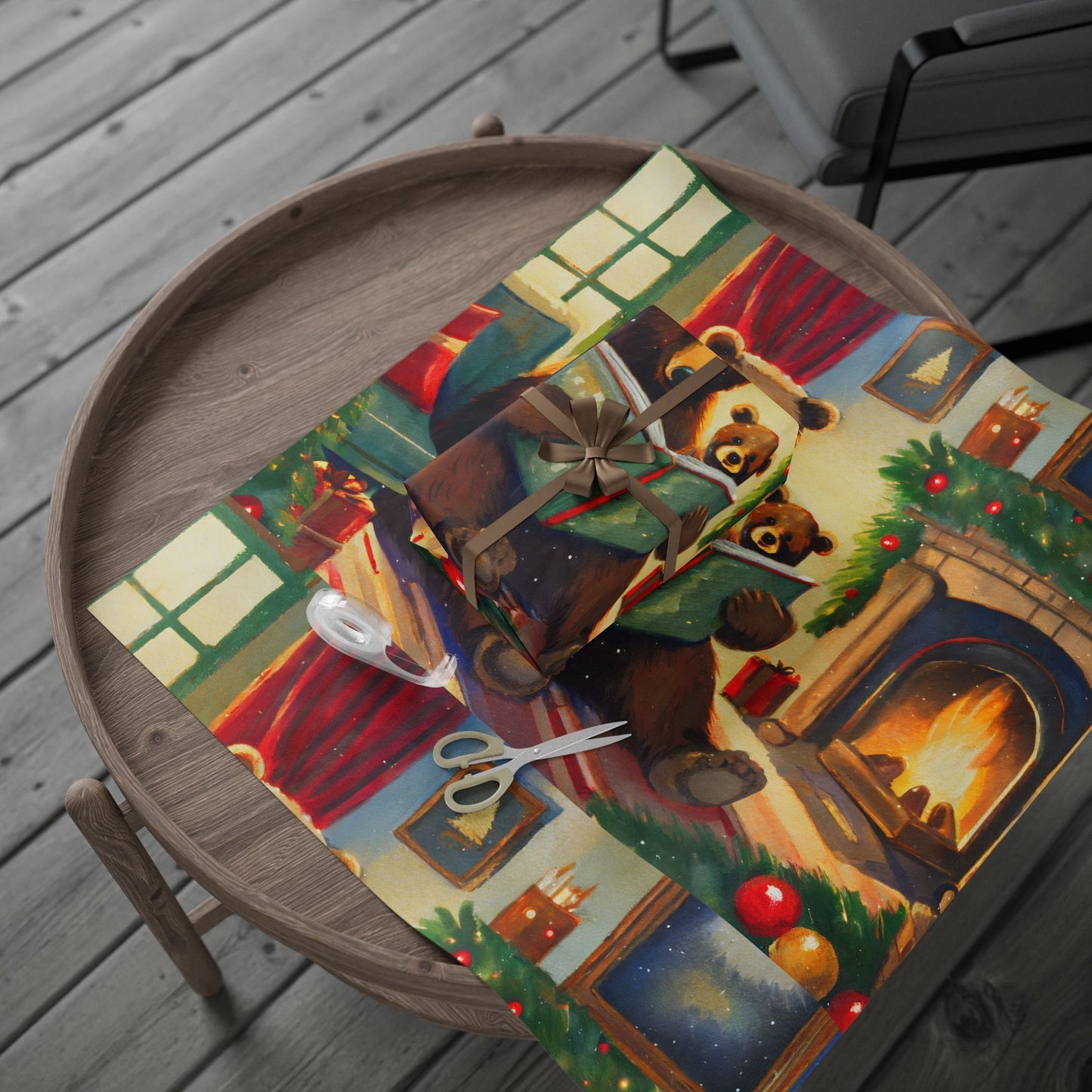 Cozy Bear Reading by Fireplace Christmas Wrapping Paper