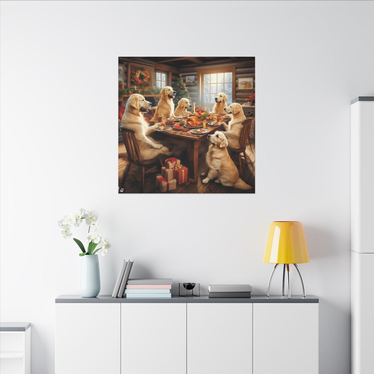 Golden Retrievers at Christmas Dinner Canvas Wrap