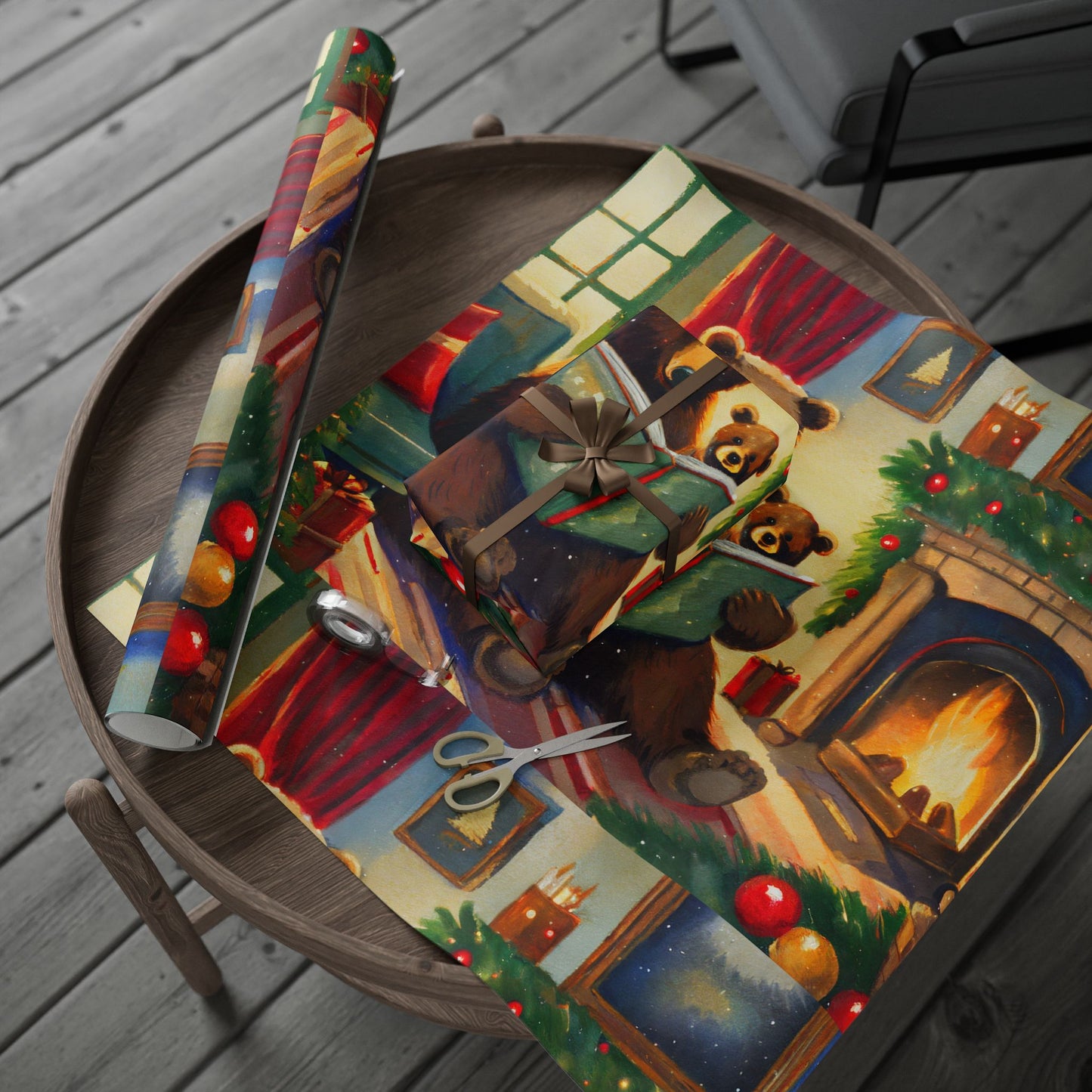 Cozy Bear Reading by Fireplace Christmas Wrapping Paper