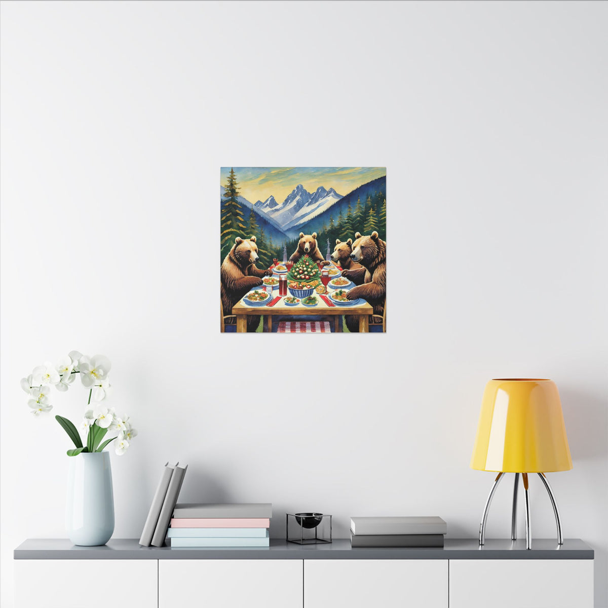 Bear Family Holiday Dinner Matte Canvas Print — Rustic Mountain Wall Art