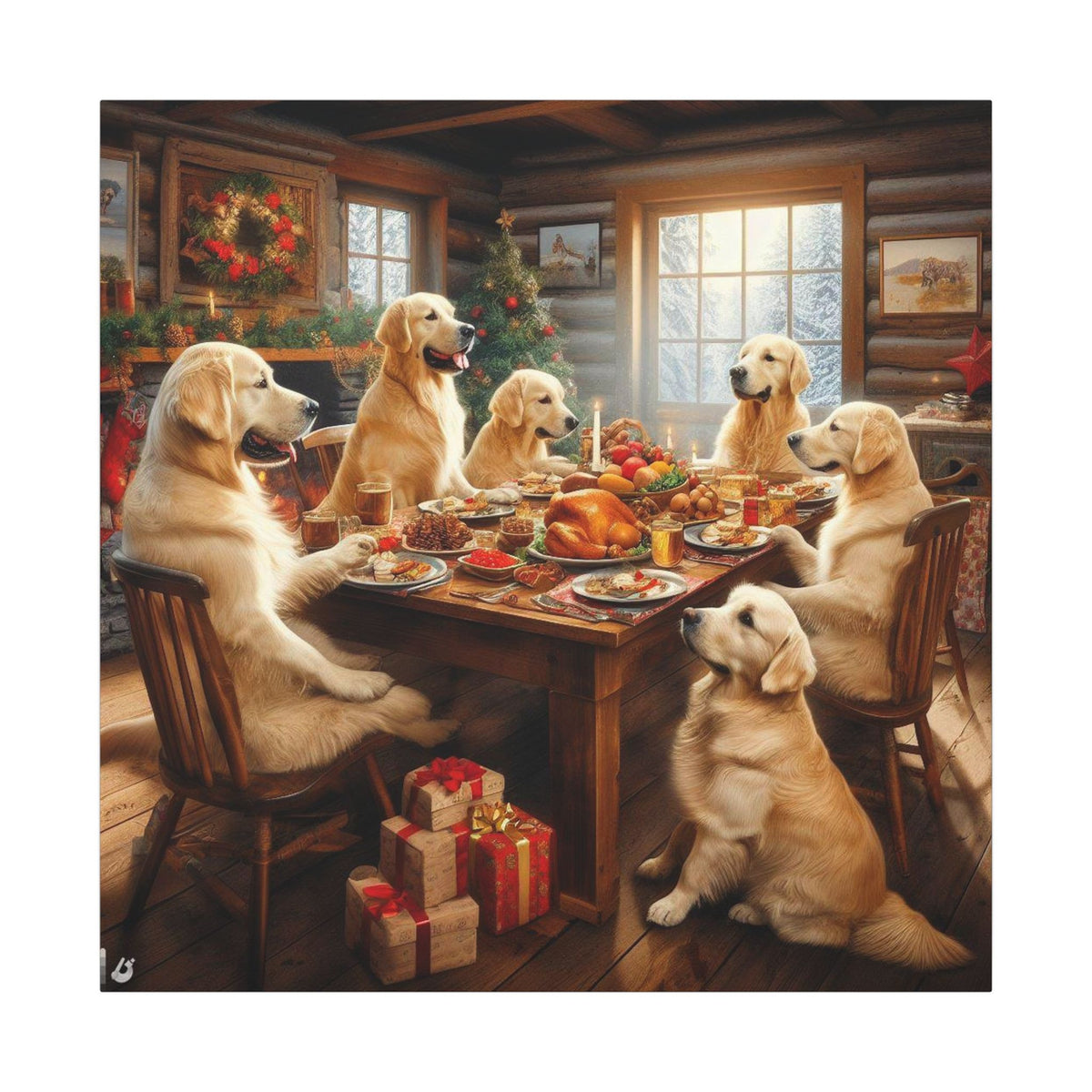 Golden Retrievers at Christmas Dinner Canvas Wrap