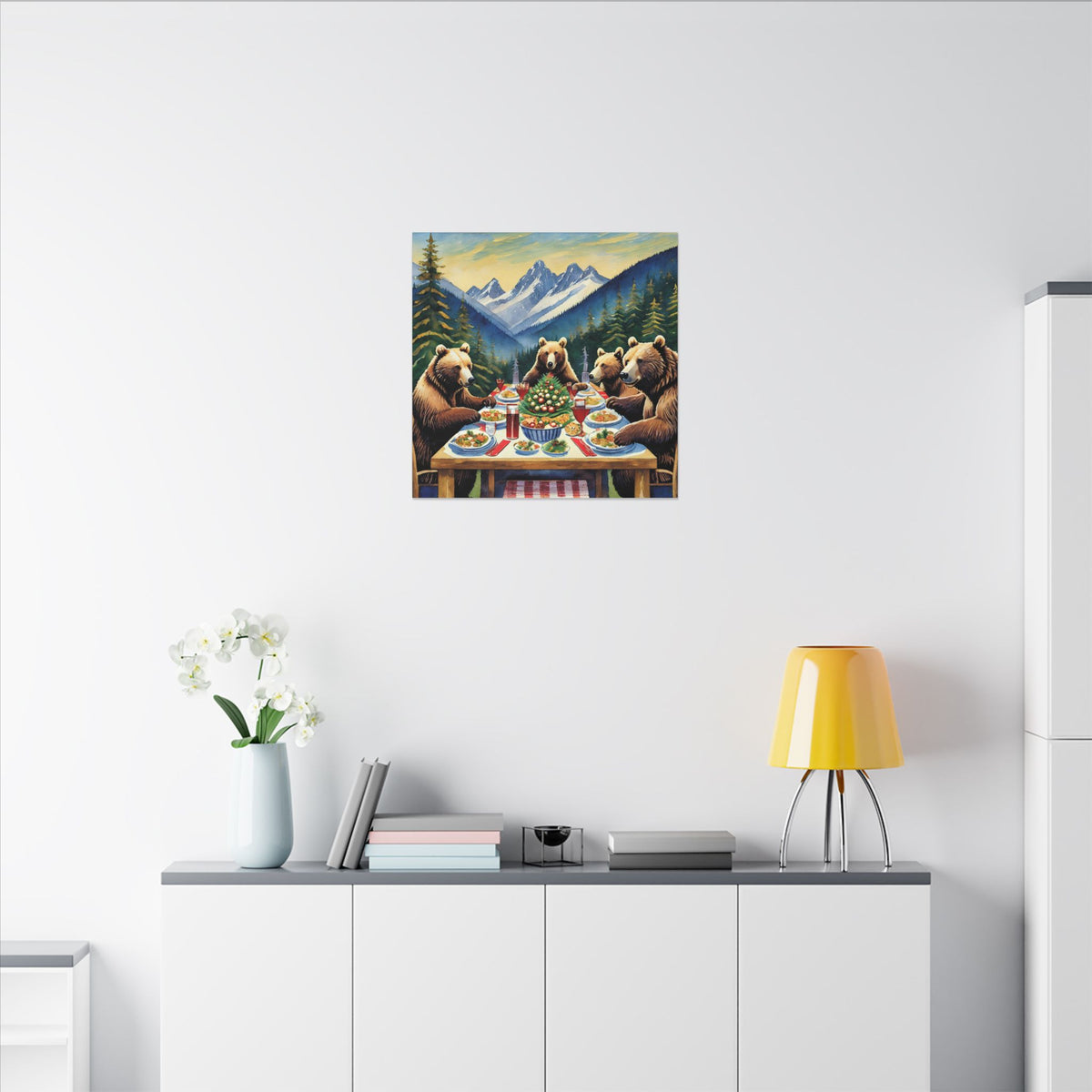 Bear Family Holiday Dinner Matte Canvas Print — Rustic Mountain Wall Art