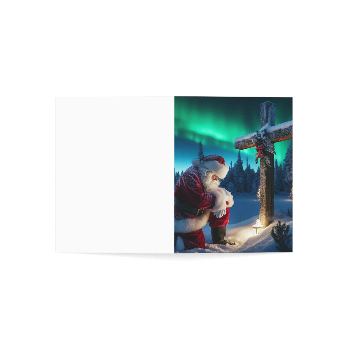 Christmas Santa Kneeling by Wooden Cross Sympathy Greeting Card