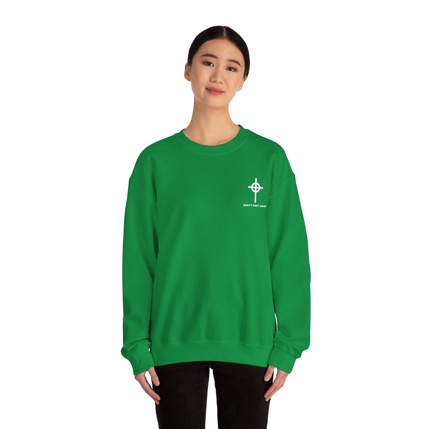 Gott Mit Uns Long Celtic Cross Small Chest Logo Crewneck Sweatshirt