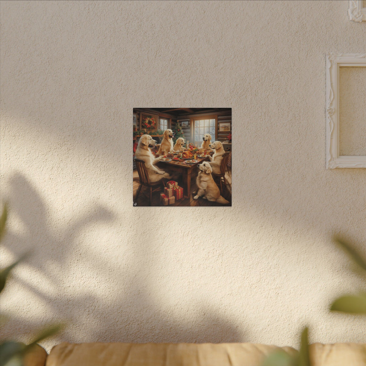 Golden Retrievers at Christmas Dinner Canvas Wrap