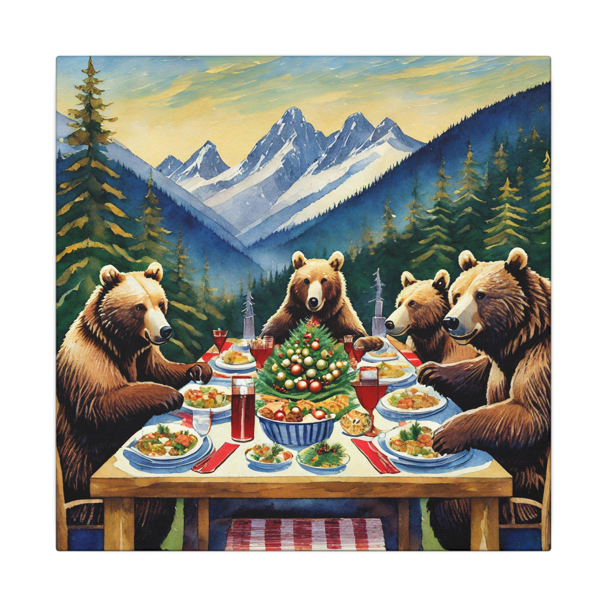 Bear Family Holiday Dinner Matte Canvas Print — Rustic Mountain Wall Art