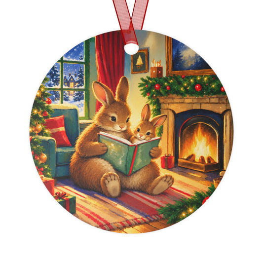 Christmas Bunny Story Time Metal Ornament