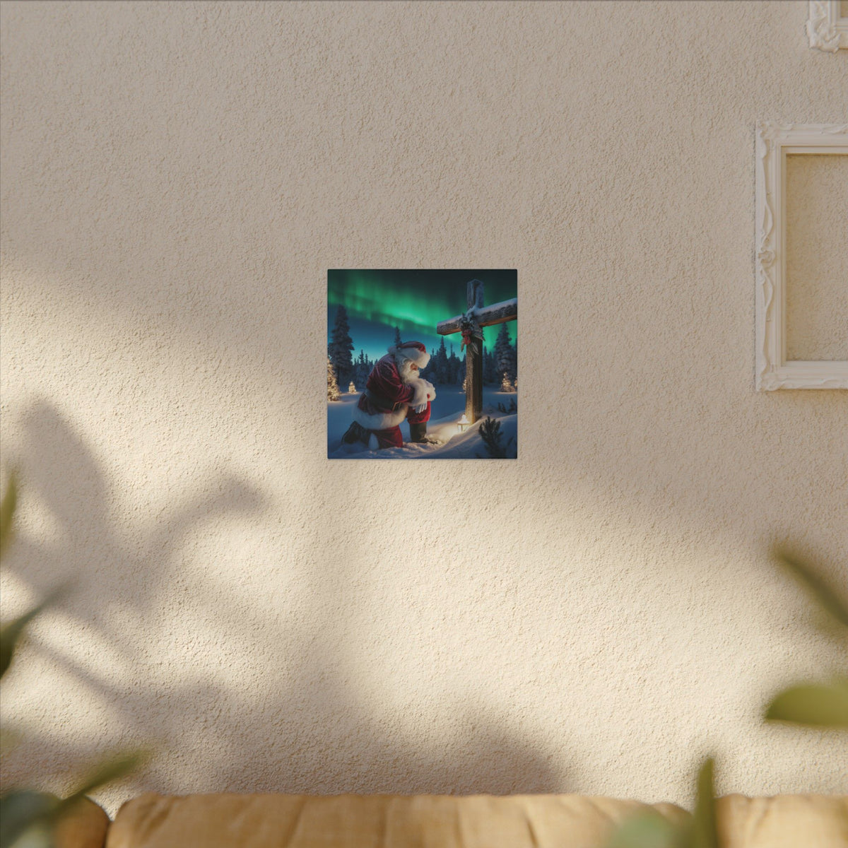 Northern Lights Santa Kneeling by Wooden Cross Canvas Wrap
