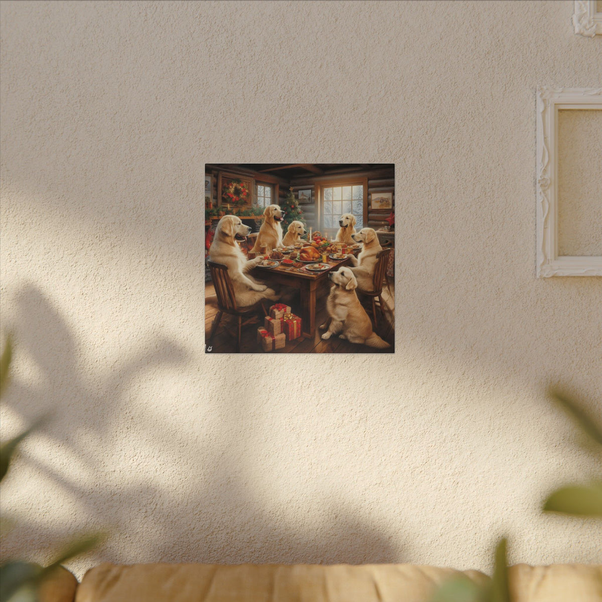 Golden Retrievers at Christmas Dinner Canvas Wrap