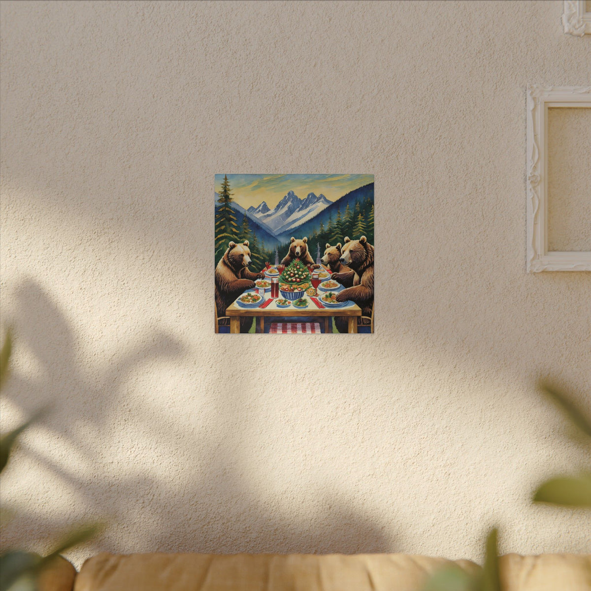 Bear Family Holiday Dinner Matte Canvas Print — Rustic Mountain Wall Art