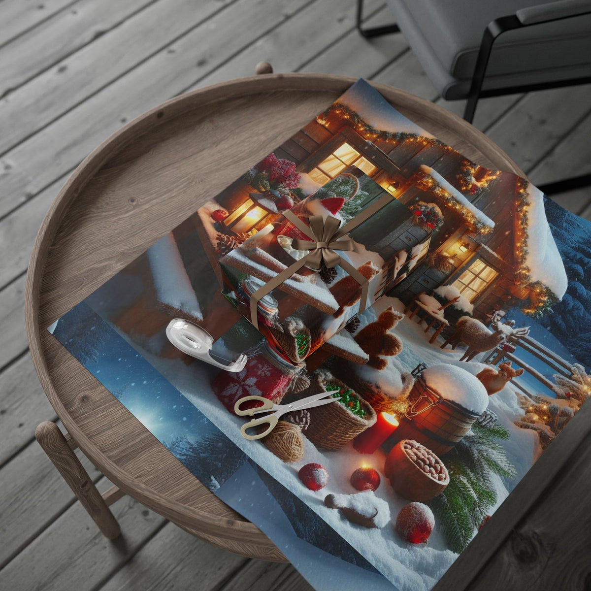 Christmas Cottage Wrapping Paper Roll — Cozy Winter Village Gift Wrap