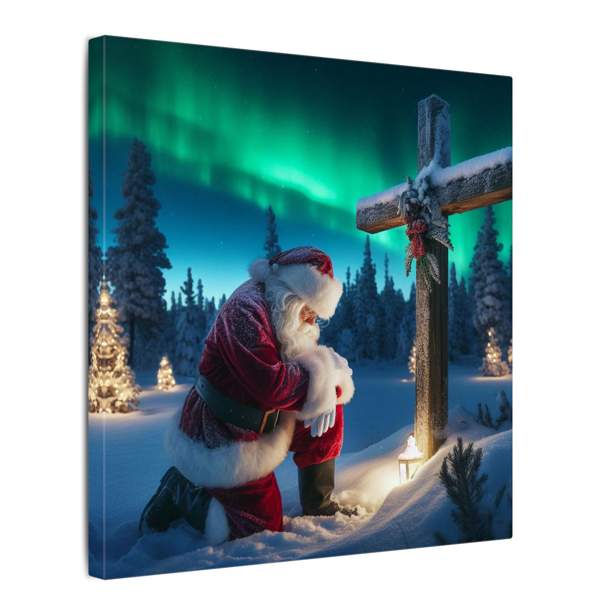 Northern Lights Santa Kneeling by Wooden Cross Canvas Wrap