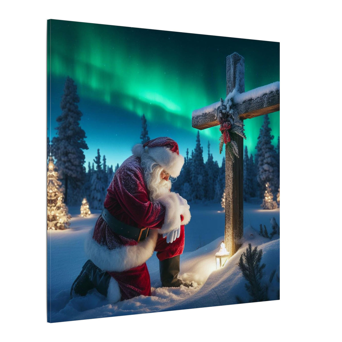 Northern Lights Santa Kneeling by Wooden Cross Canvas Wrap
