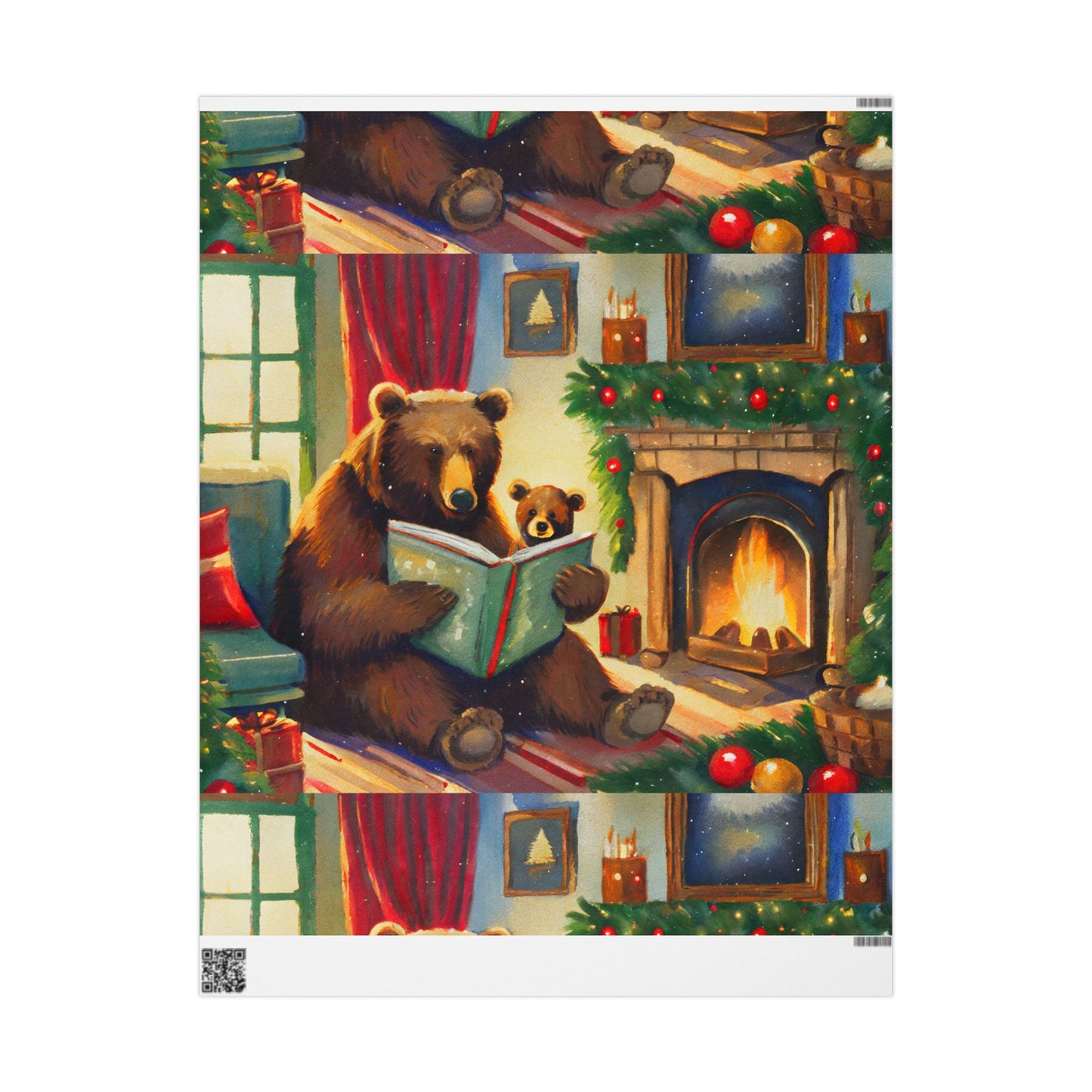 Cozy Bear Reading by Fireplace Christmas Wrapping Paper