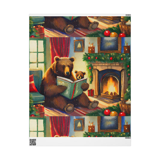 Cozy Bear Reading by Fireplace Christmas Wrapping Paper